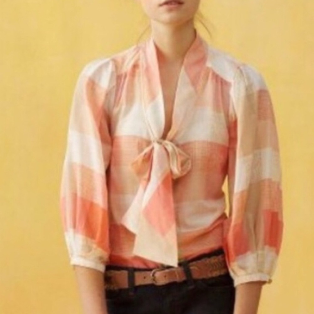 Maeve Anthropologie 14 Plaid Silk Cotton Puff Sleeve Button Up Tie Neck Blouse